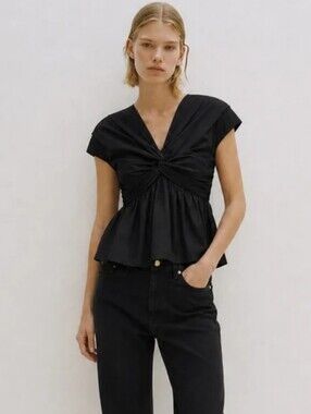 TOVE Black Knot-Front Cap Sleeve Blouse